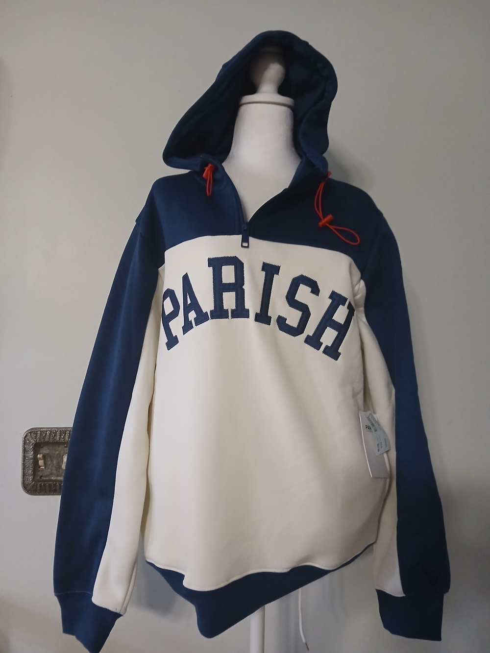PARISH Nation Half-Zip Hoodie in Navy & Cream M